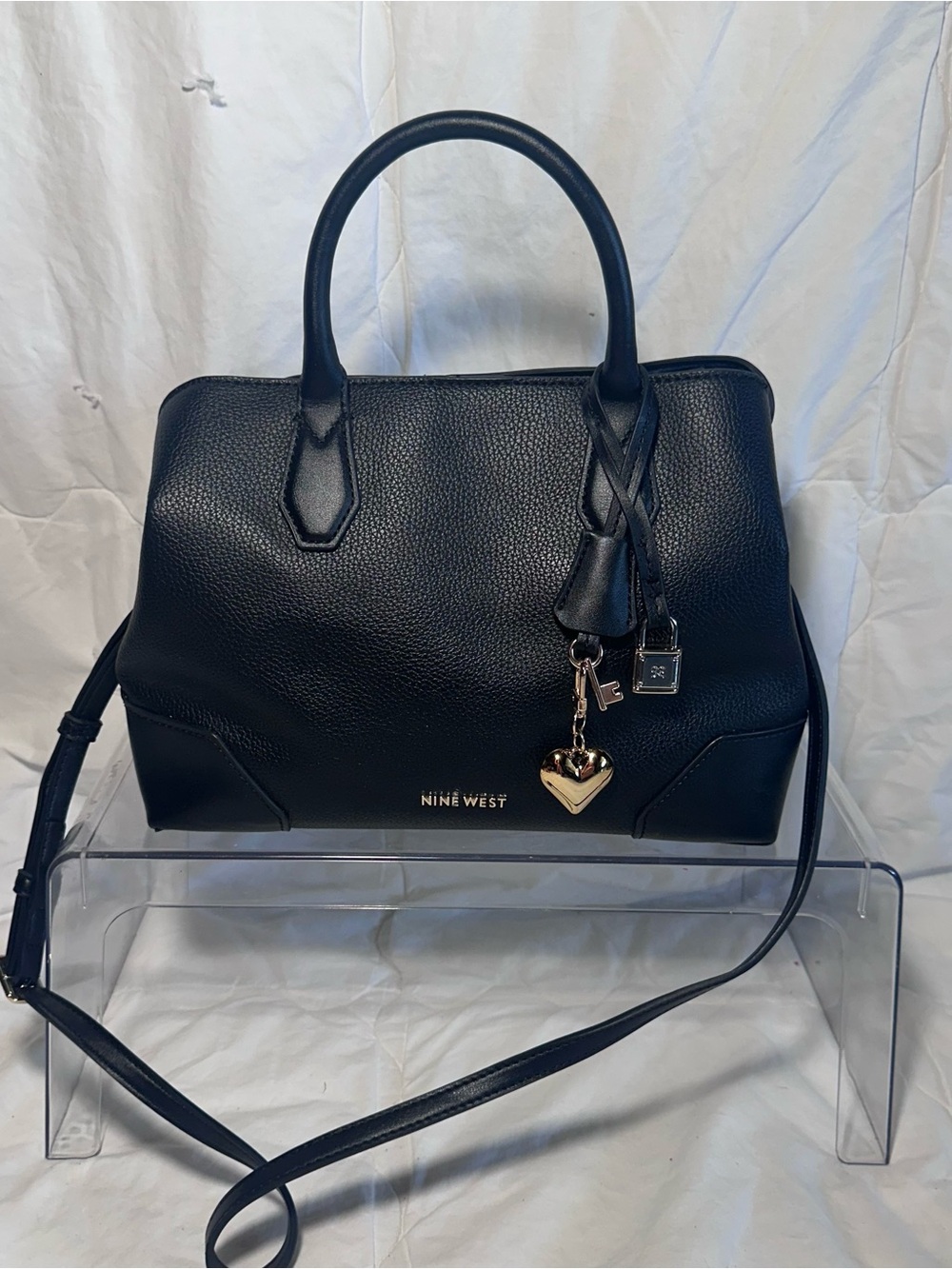 Nine West Black Pebbled Leather Satchel with Gold Charm